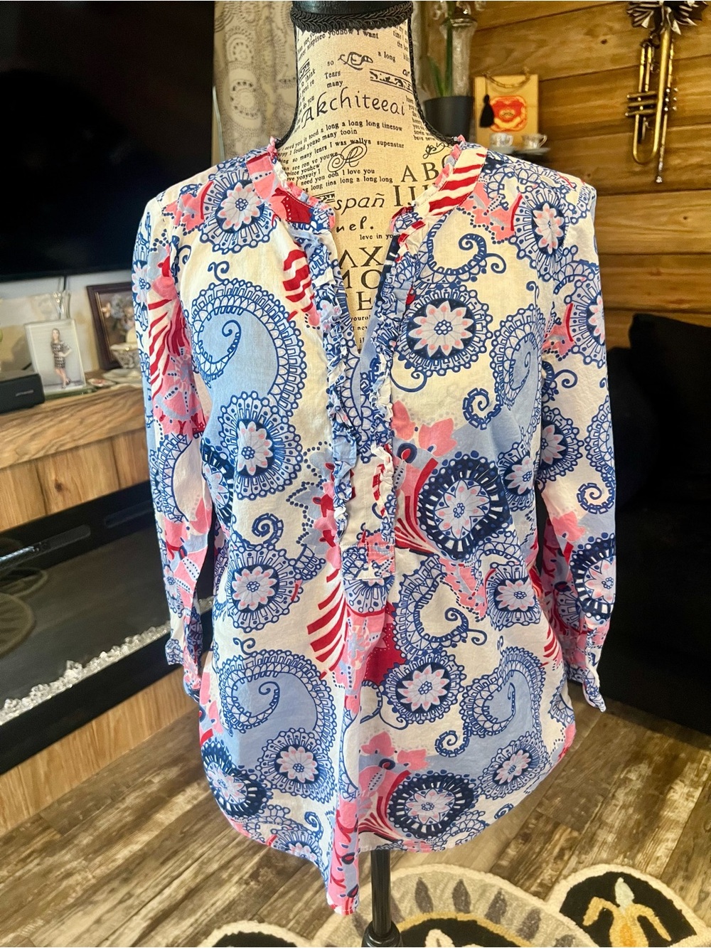 Talbots Pink and Blue Paisley Ruffle-Front Blouse